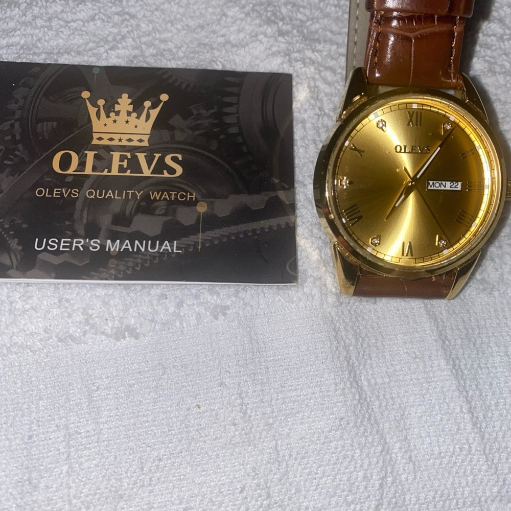 Olevs Gold Dial Watch with Brown Leather Band